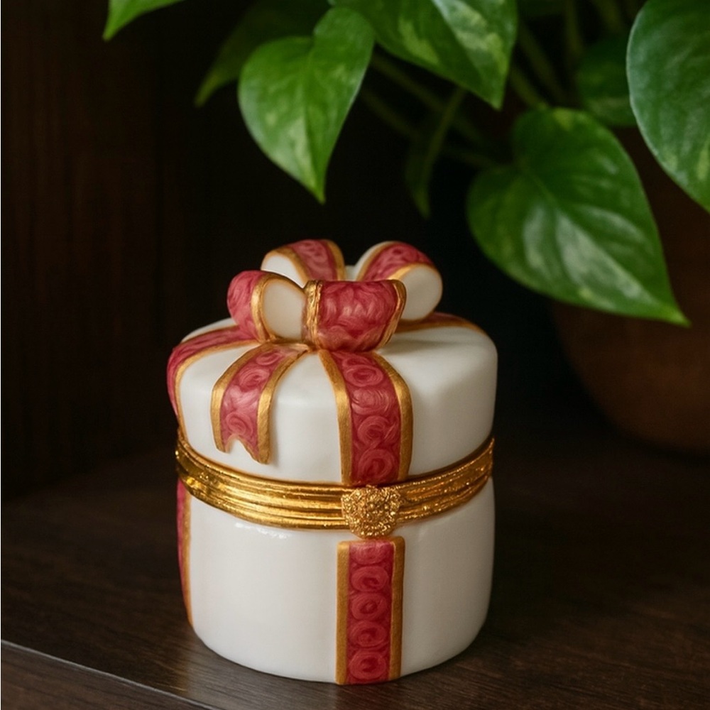 White and Pink Gift Box Trinket with Gold Accents